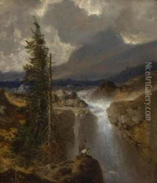 Zwei Wanderer Am
 Wasserfall. Oil Painting - August Albert Zimmermann
