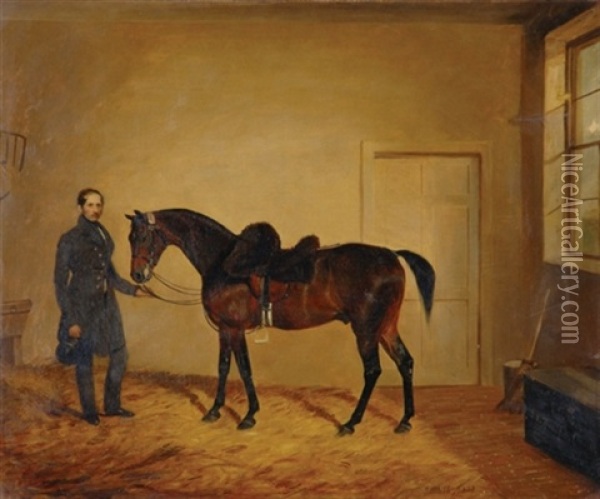 Lieutenant West, First Regiment Life Guards, And His Horse, In A Loose Box Oil Painting - Edward Walter Webb