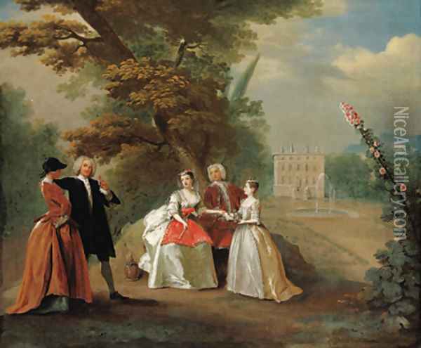 Elegant company in the grounds of a country villa Oil Painting - Joseph Francis Nollekens