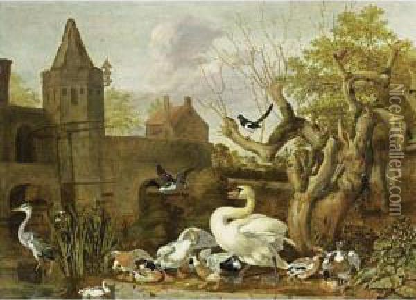 A Castle Moat With A Swan, 
Various Ducks And A Heron In The Foreground, And A Magpie In A Tree Oil Painting - Dirck Wyntrack