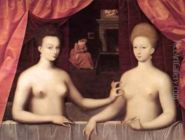 Gabrielle d'Estrees and one of her Sister c. 1595 Oil Painting - Anonymous Artist