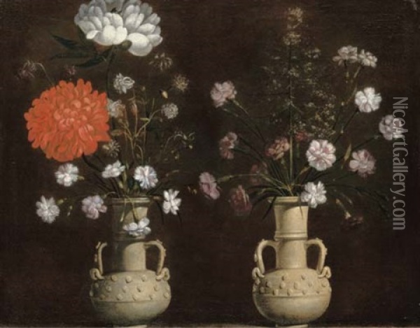 Two Grey Terracotta Vases With Flowers Oil Painting - Jacopo Ligozzi
