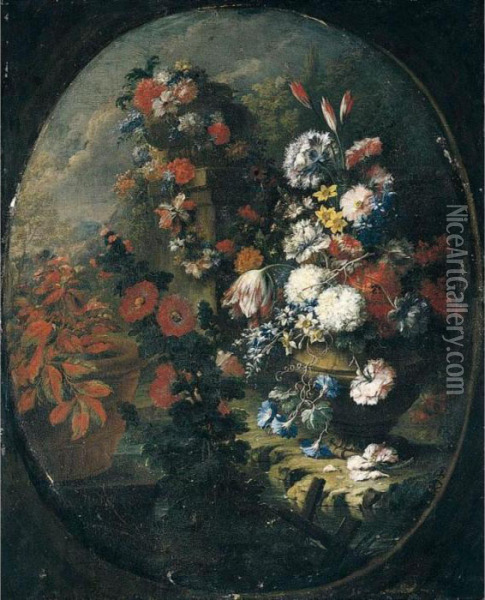 Still Life Of Mixed Flowers In A Classical Garden Setting Oil Painting - Gasparo Lopez