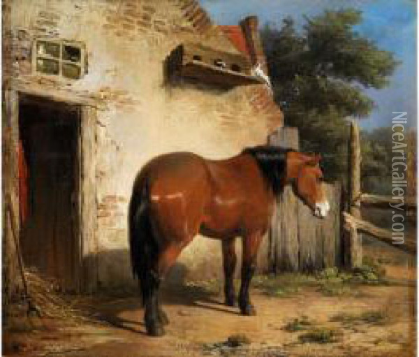 Braunes Pferd Vor Altemstallgebaude Oil Painting - Jean Louis van Kuyck