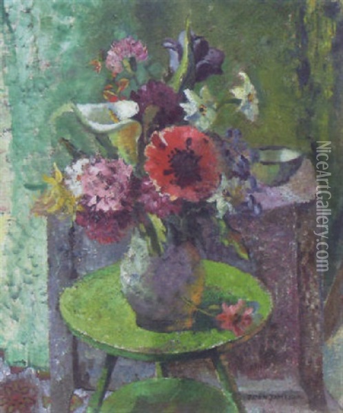 Flowers In A Vase On A Circular Table Oil Painting - Joan Jameson