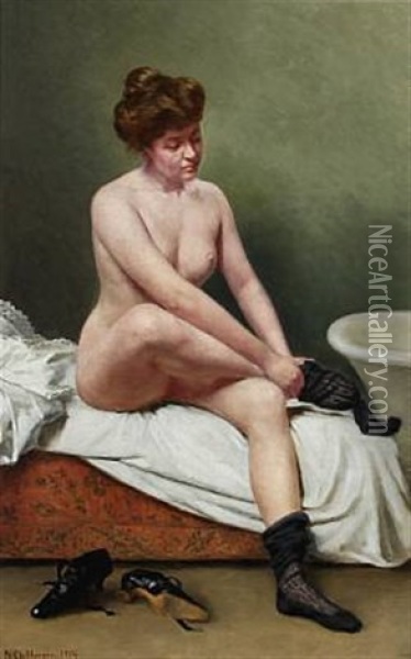 Efter Morgen Toilettet (nude Female Model Sitting On A Bed) Oil Painting - Niels Christian Hansen