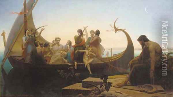 Greek mythological figures on a boat near a pier Oil Painting - Louis Marie Baader