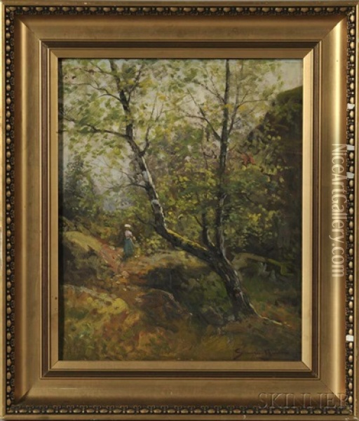 Figure In A Forest Landscape Oil Painting - Johan Severin Nilsson