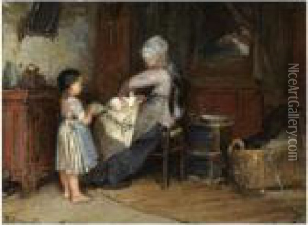 Helping Mother Oil Painting - Bernardus Johannes Blommers