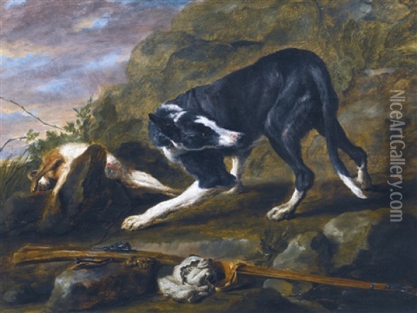 A Hound With A Rabbit And A Musket In A Landscape Oil Painting - Jan Fyt