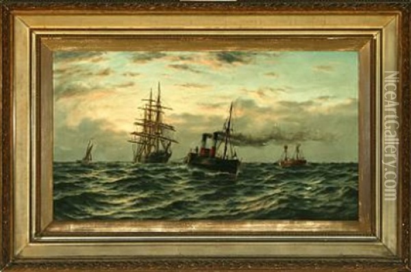 The Steamer Pathfinder Pulling A Full-rigger, In The Background The Lightship Grosby Oil Painting - Parker (George Parker) Greenwood