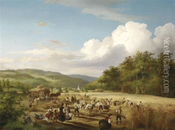 Getreideernte In Einem Tal Bei Stuttgart Oil Painting - Anton Braakman