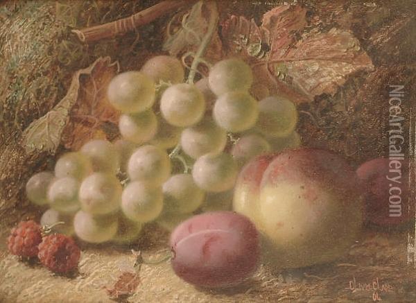 Still Life Of Grapes, Raspberries, Plums And A Peach On A Mossy Bank Oil Painting - Oliver Clare