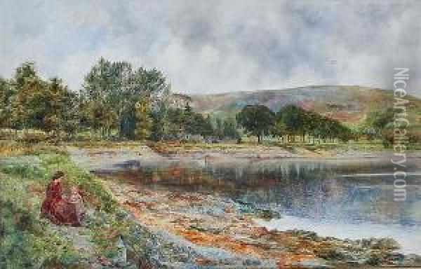 Port Bannatyne, Isle Of Bute, With Mother And Child Seated By The Shore Oil Painting - William Davis