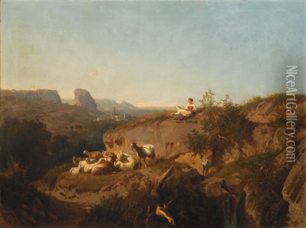 Eine Hirtin Mit Ihrer Schafherde, Auf Der Linken Seite Der Monte Procinto Und Im Hintergrund Farnoccia, Toskana Oil Painting - Andras Marko