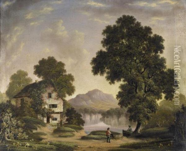 Idyllische Landschaft Mit Fischern Oil Painting - Robert, Reverend Woodley-Brown