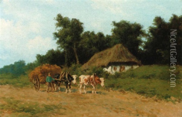 A Farmer And His Ox-cart Oil Painting - Herman Bogman I
