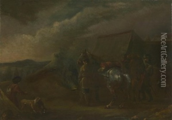 Zwei Reiter Vor Einem Zelt Am Feuer Oil Painting - August Querfurt