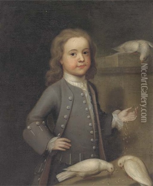 Portrait Of Master Harry Spark Patterson (1725-1764), Three-quarter-length, In A Grey Coat, Feeding Three Doves On A Ledge Oil Painting - John Theodore Heins Sr.