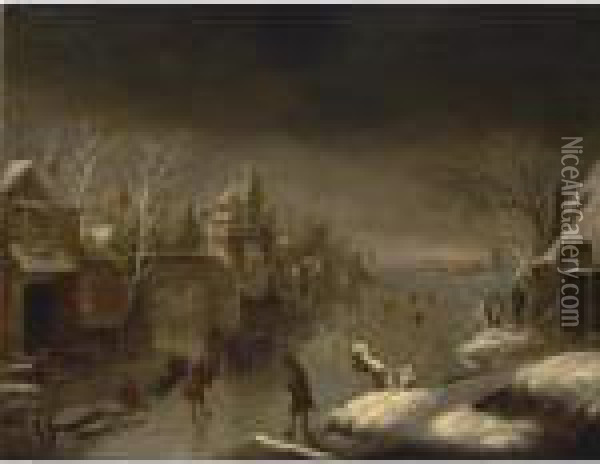 A Winter Landscape With Colf Players On The Ice Near A Town Gate Oil Painting - Claes Molenaar (see Molenaer)