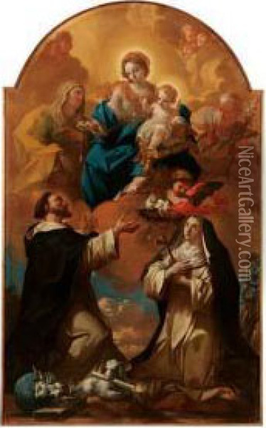 La Madonna E Il Bambin Gesu Offrono Il Rosario A San Domenico E Santa Caterina Da Siena Oil Painting - Ludovico Mazzanti