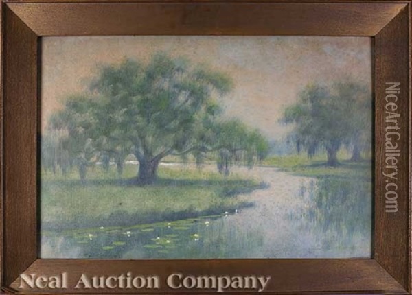 Bayou Scene With Three Live Oaks Oil Painting - Alexander John Drysdale