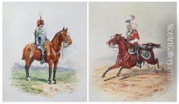 Queen's Royal Lancer On A 
Galloping Horse, Together With Northumberland Hussar On Horseback Oil Painting - Richard Simkin