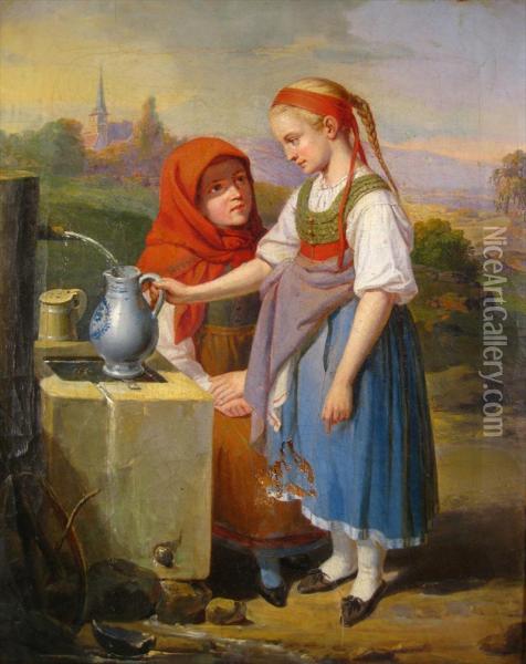 Twogirls At A Well Oil Painting - Peter Geist