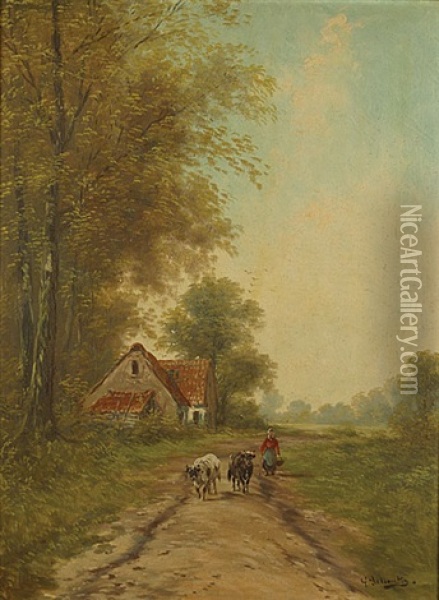 Herderin Met Koeien Oil Painting - Paul Schouten