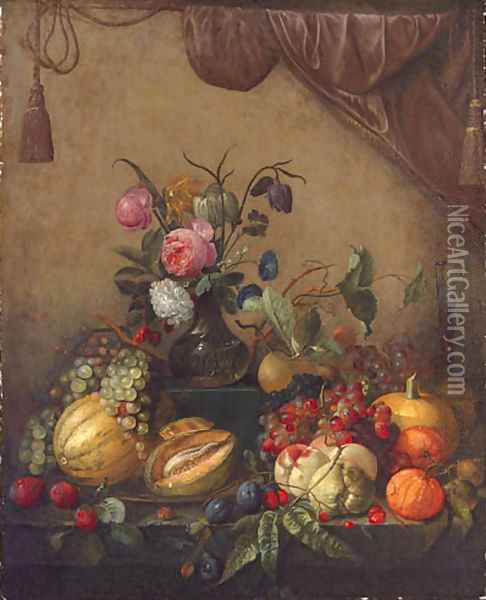 Grapes, melons, plums, peaches, oranges, cherries, a pumpkin, a glass of wine and a vase of flowers Oil Painting - Jan Davidsz. De Heem