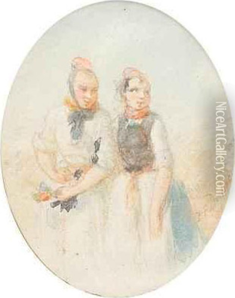 Zwei Junge Schwalmer Bauerinnen Am Kornfeld Oil Painting - Jakob Furchtegott Dielmann