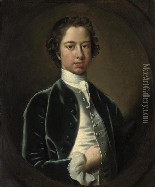 Portrait Of A Boy Thought To Be Of The Mope Family,three-quarter-length, In A Blue Velvet Coat With A Grey Waistcoatand White Cravat, In A Feigned Oval Oil Painting - Thomas Bardwell