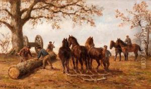 Three Fellers With Workhorses And Logging Wheels Oil Painting - Willem Carel Nakken