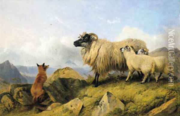 Highland Folk - Two Lambs, a Ewe and a Fox Oil Painting - Richard Ansdell