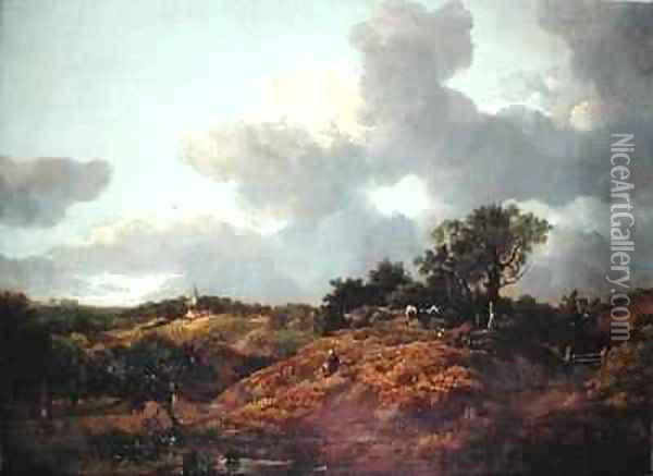 A wooded landscape in Suffolk with cows and a herdsman a village beyond Oil Painting - Thomas Gainsborough