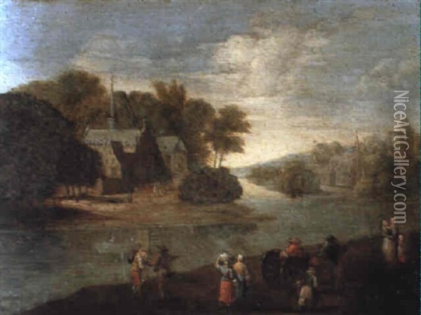 A River Landscape With Peasants On A Bank, A Church Beyond Oil Painting - Peter Gysels
