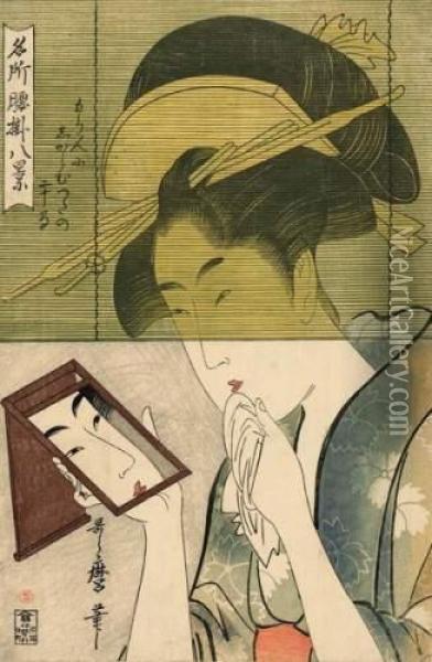 Jeune Femme Derriere Un Volet Se Regardant Dans La Glace. Oil Painting - Kitagawa Utamaro