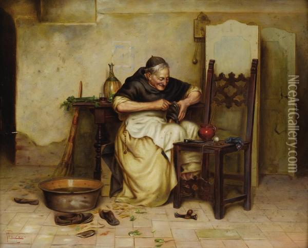 Monastic Cobbler Oil Painting - P. Lanzoni