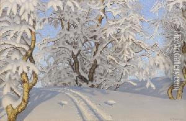 Fjallbjorkar I Vintersol Oil Painting - Gustaf Fjaestad