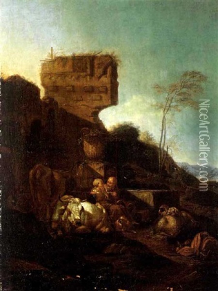 Hirtenpaar Mit Herde Vor Ruinen Oil Painting - Johann Heinrich Roos