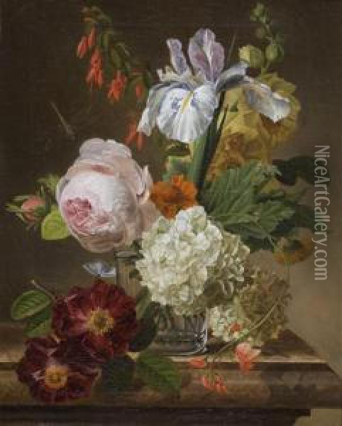 Bouquet De Fleurs Dans Un Vase En Verre Sur Un Entablement De Marbre Oil Painting - Christiaan van Pol