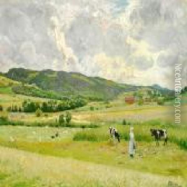 Green Fields Near Bastad In Sweden Oil Painting - Paul-Gustave Fischer