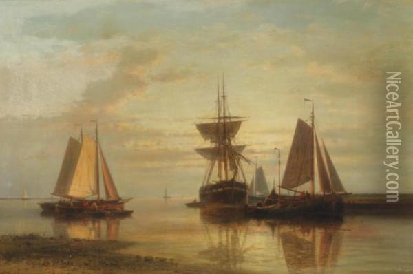Moored Fishing Boats And A Clipper At Sunset Oil Painting - Abraham Hulk Jun.