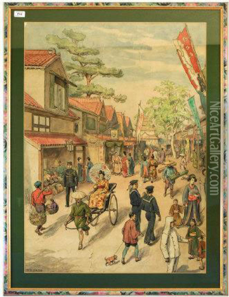 A Busy Japanese Street Oil Painting - S. T. Dadd