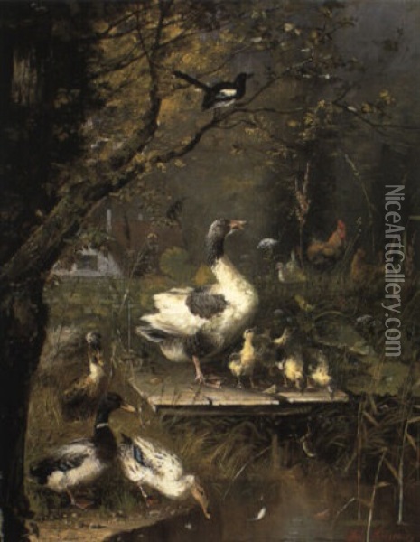 Ducks By The Water's Edge Oil Painting - Wilhelm Scheurer