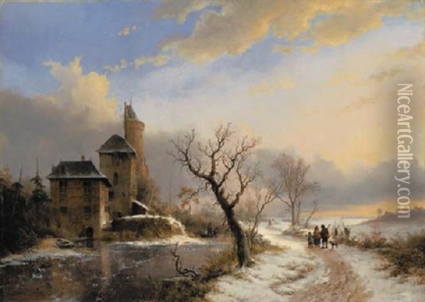 Winter Landscape With Figures Near A City Gate Oil Painting - Frederik Marinus Kruseman
