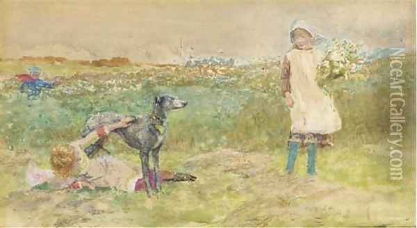 Children playing playing with a greyhound at the edge of a meadow Oil Painting - Lionel Percy Smythe
