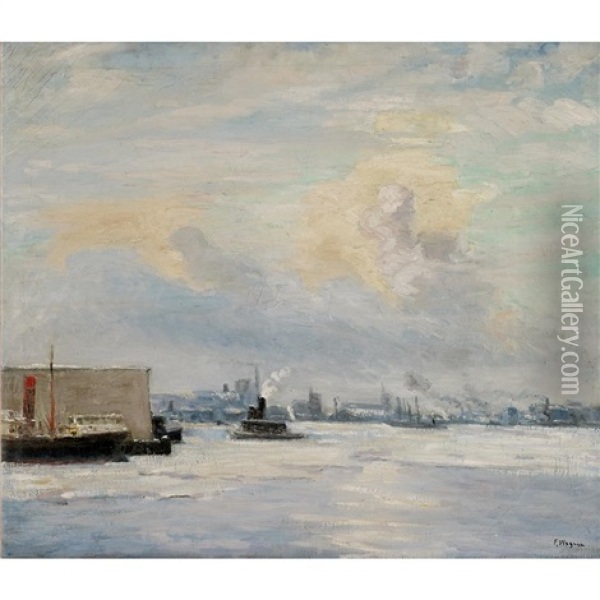 Harbor Scene With Tug Boat Oil Painting - Frederick R. Wagner