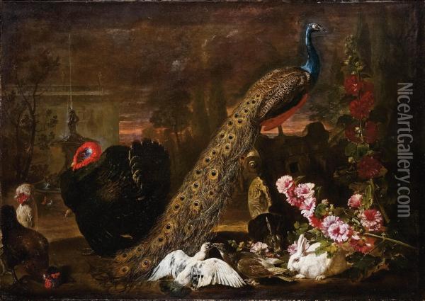 Fiori E Animali Da Cortile Su Sfondo Di Paesaggio Oil Painting - David de Coninck