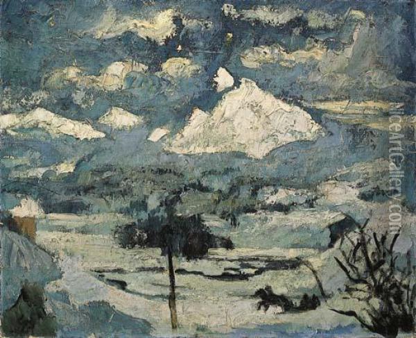 Oberengadiner Winterlandschaft Im Mondschein Oil Painting - Giovanni Giacometti